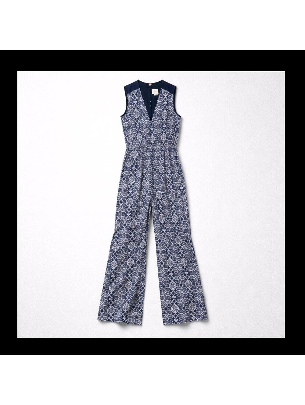 Elevenses Blue White Geometric Wide-Leg Sleeveless Rayon Jumpsuit Size 4
